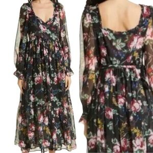 ByTiMo Floral Wrap Bodice Long Sleeve Chiffon Dress in Rose Field